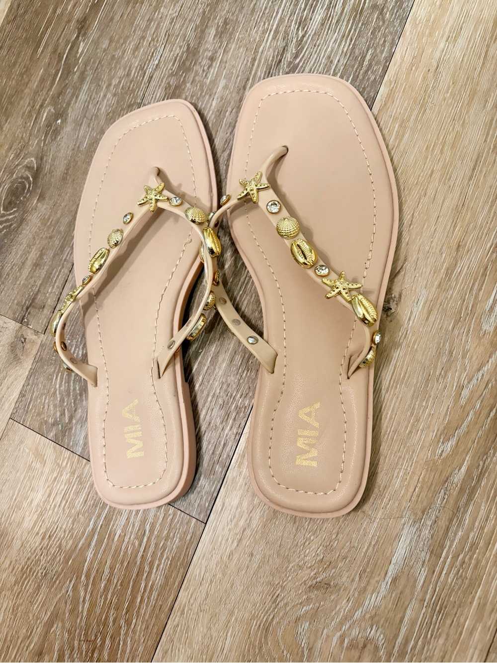 MIA Nude Thong Sandals with Gold Shell & Starfish Accents